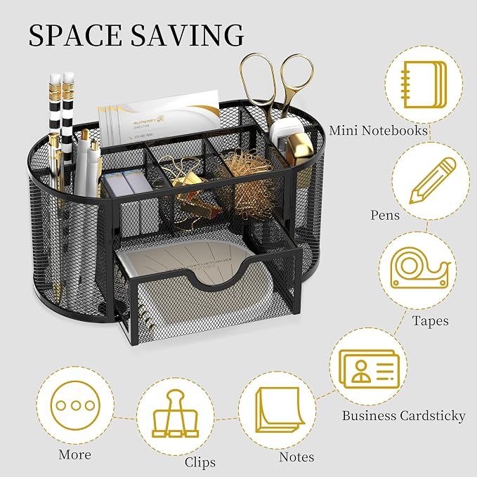 Mesh Desk Organizer with Drawer, 9-Compartment Pen Holder for Desk, Black | Pull-Out Drawer Stores Pens, Pencils, Clips, Notes, and Small Office or School Supplies in One Compact Desk Caddy