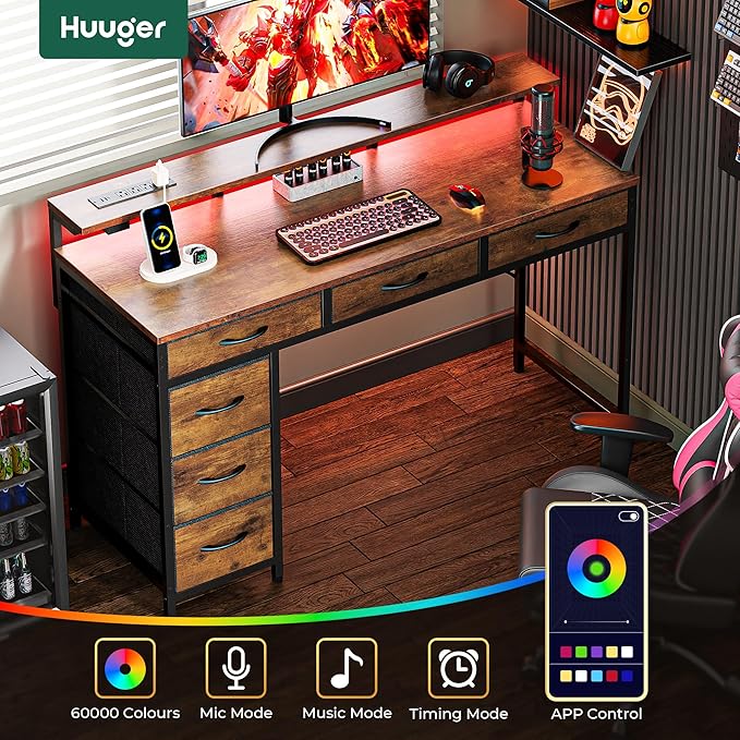 Huuger Gaming Desk with 6 Drawers, Computer Desk with LED Lights Power Outlets and Type-C, 47 Inch Office Desk with Storage, Monitor Stand, Writing Work Desk for Home Office, Rustic Brown