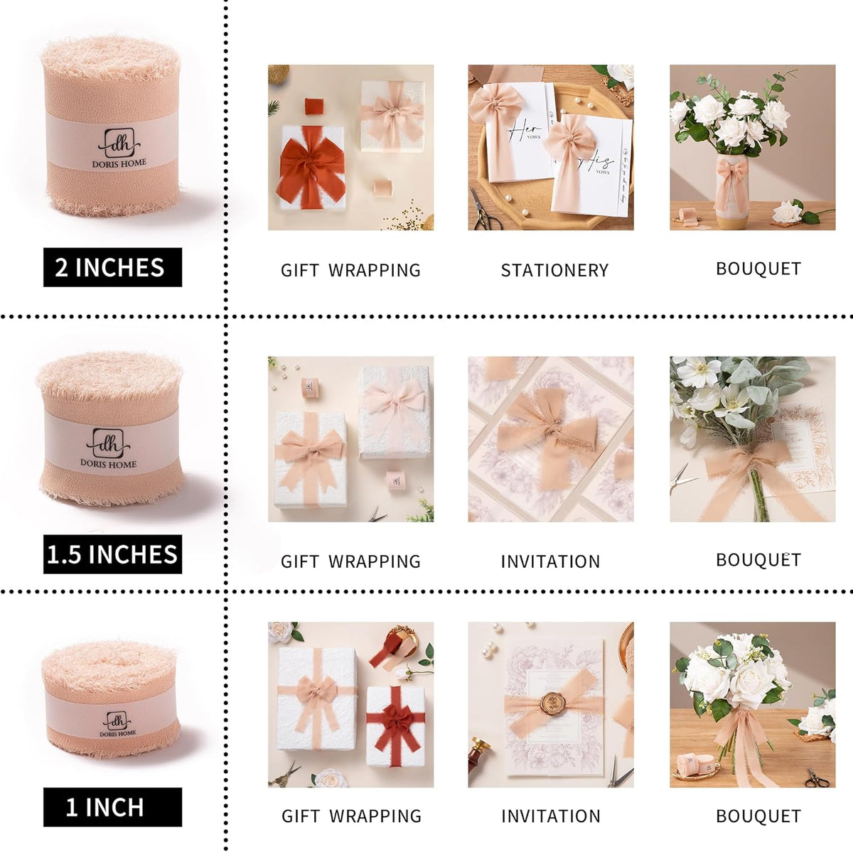 Handmade Fringe Chiffon Ribbon Pink and Cream 1 inch x 21Yd | Fabric Ribbon, For Flower Bouquet/Gift Wrapping/Wedding Invitations/Party Decorations