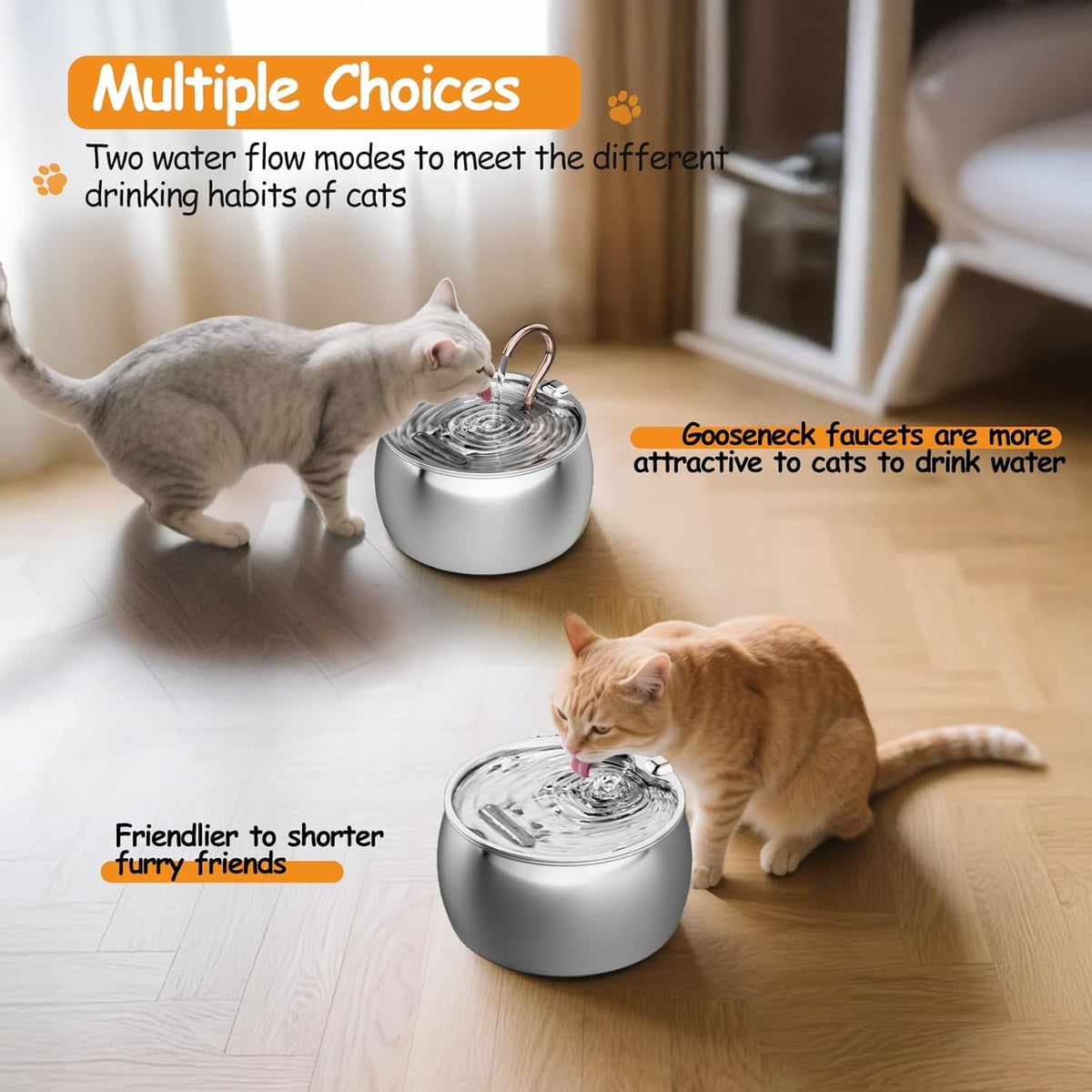 Cat Water Fountain Stainless Steel -2.5L/84oz Gooseneck Kitty Cat Fountain for Drinking Spout - Pet Water Fountain for Cats Inside - Quiet Automatic Cats Water Bowl Dispenser - for Pets& Small Dog