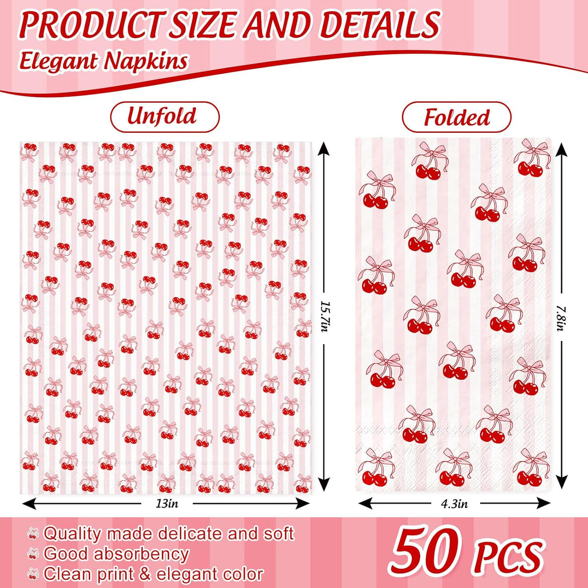 JarThenaAMCS 50 Pcs Cherry Guest Napkins Pink Striped Paper Napkins Disposable Bathroom Hand Towels for Baby Shower Gender Reveal Birthday Party Dinner Table Supplies