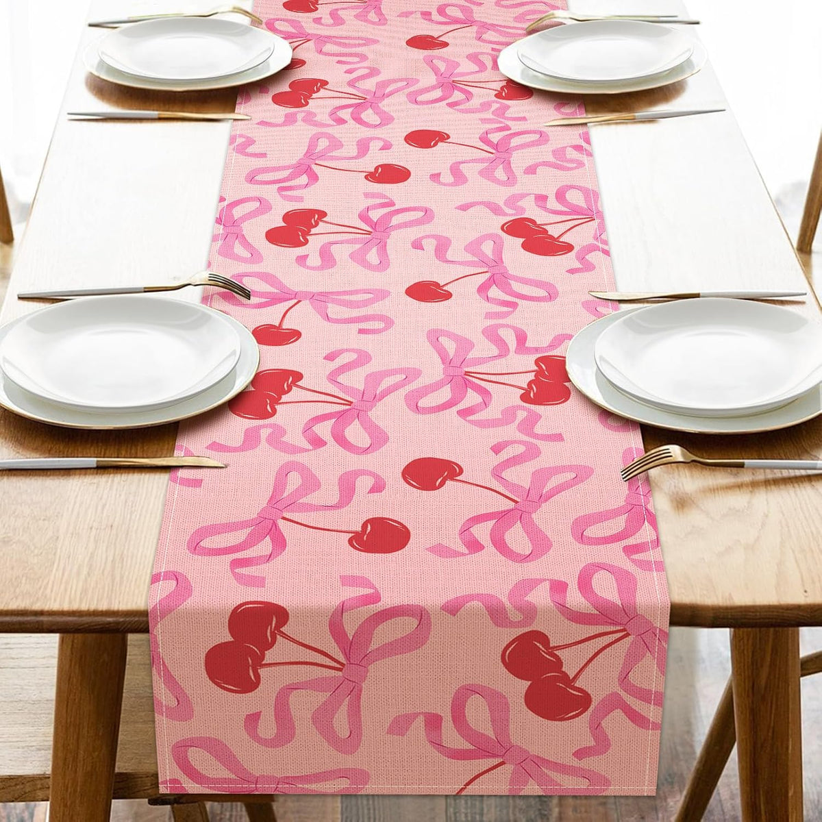 Coquette Pink Bow Cherry Dining Table Runner, Ribbon Fruit Preppy