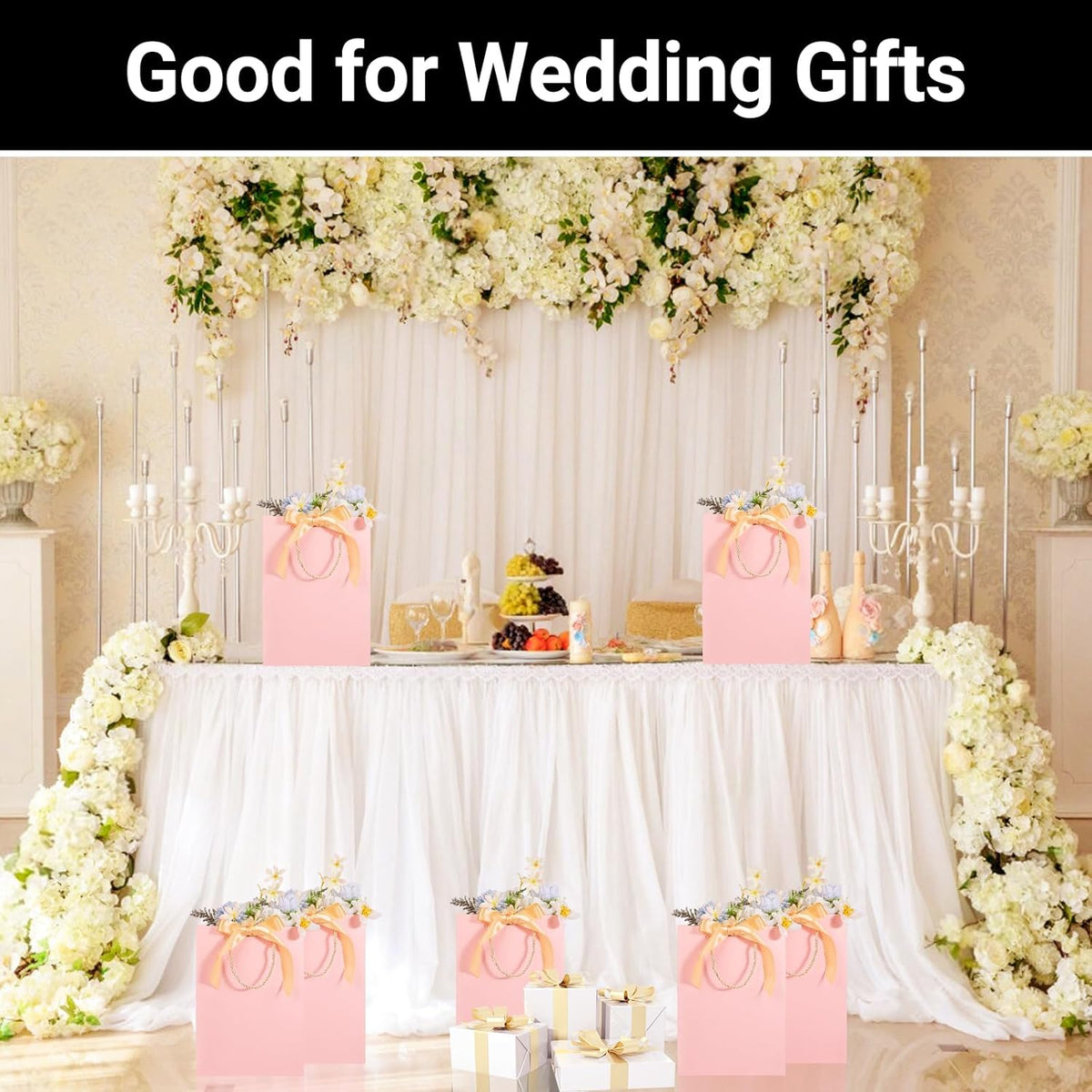 EUSOAR Gift Bags, 12pcs 7.8"x3.9"x11" Gift Paper Bags with Bow Ribbon Handle - Wedding, Baby Shower, Birthday, Bridesmaid, Business, Party - Pink
