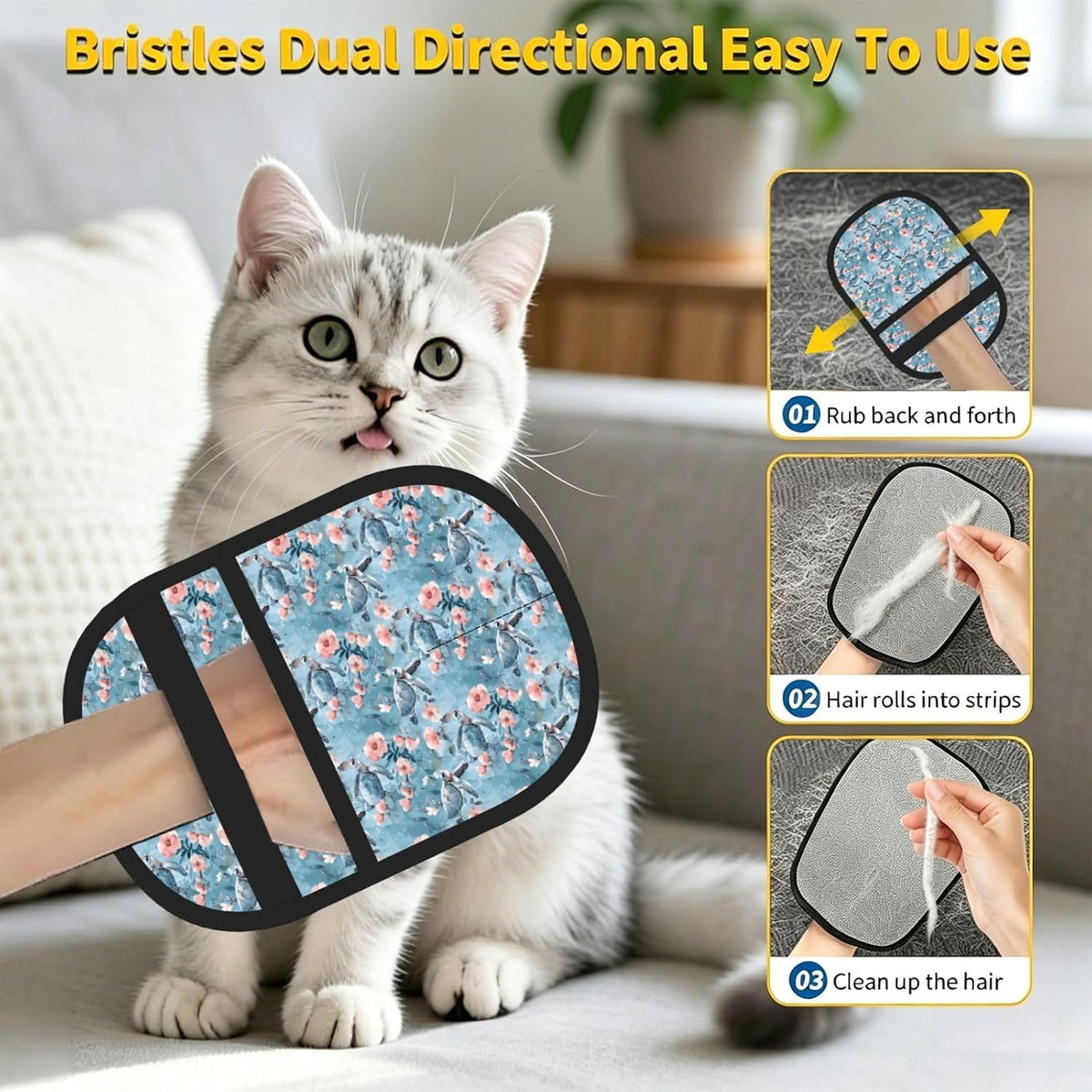 Sea Turtle Pink Flower Pet Hair Removal Glove Dogs Hair Remover Glove Cats Fur Removal Tool with Hanging Loop for Couch 6.7X9.5 in