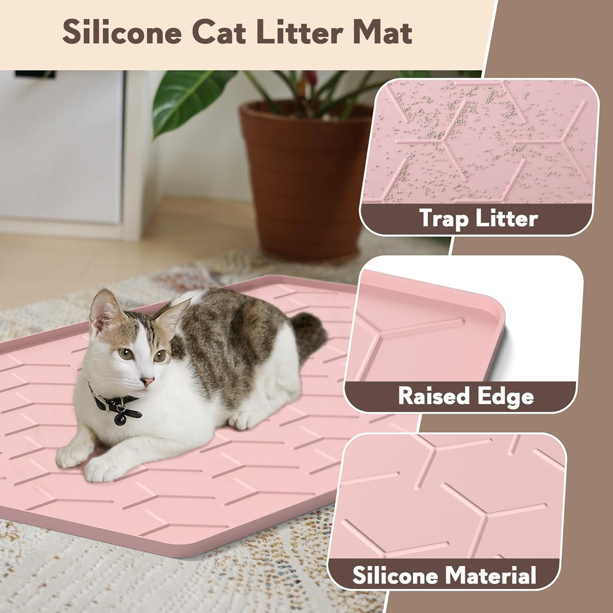 Silicone Cat Litter Trapping Mat, Large Waterproof 34" X 22" Cat Litter Box Mat, Easy to Clean, Pink