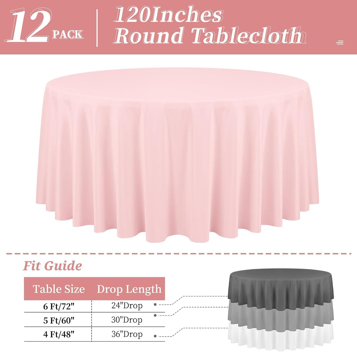 12 Packs 120 Inch Pink Round Polyester Tablecloths