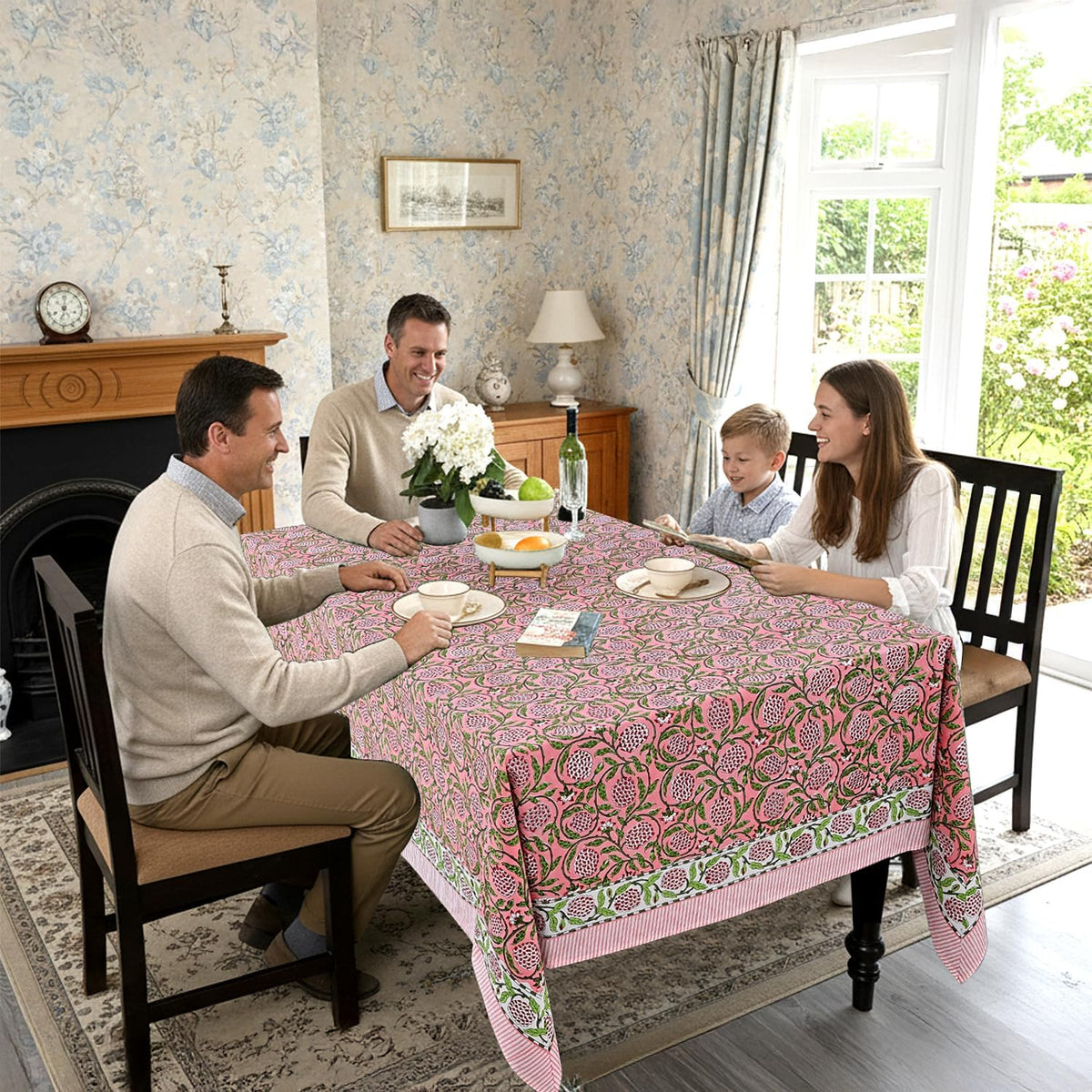 Strawberry Pink Hand Block Print Cotton Tablecloth 90 x 60 Inch