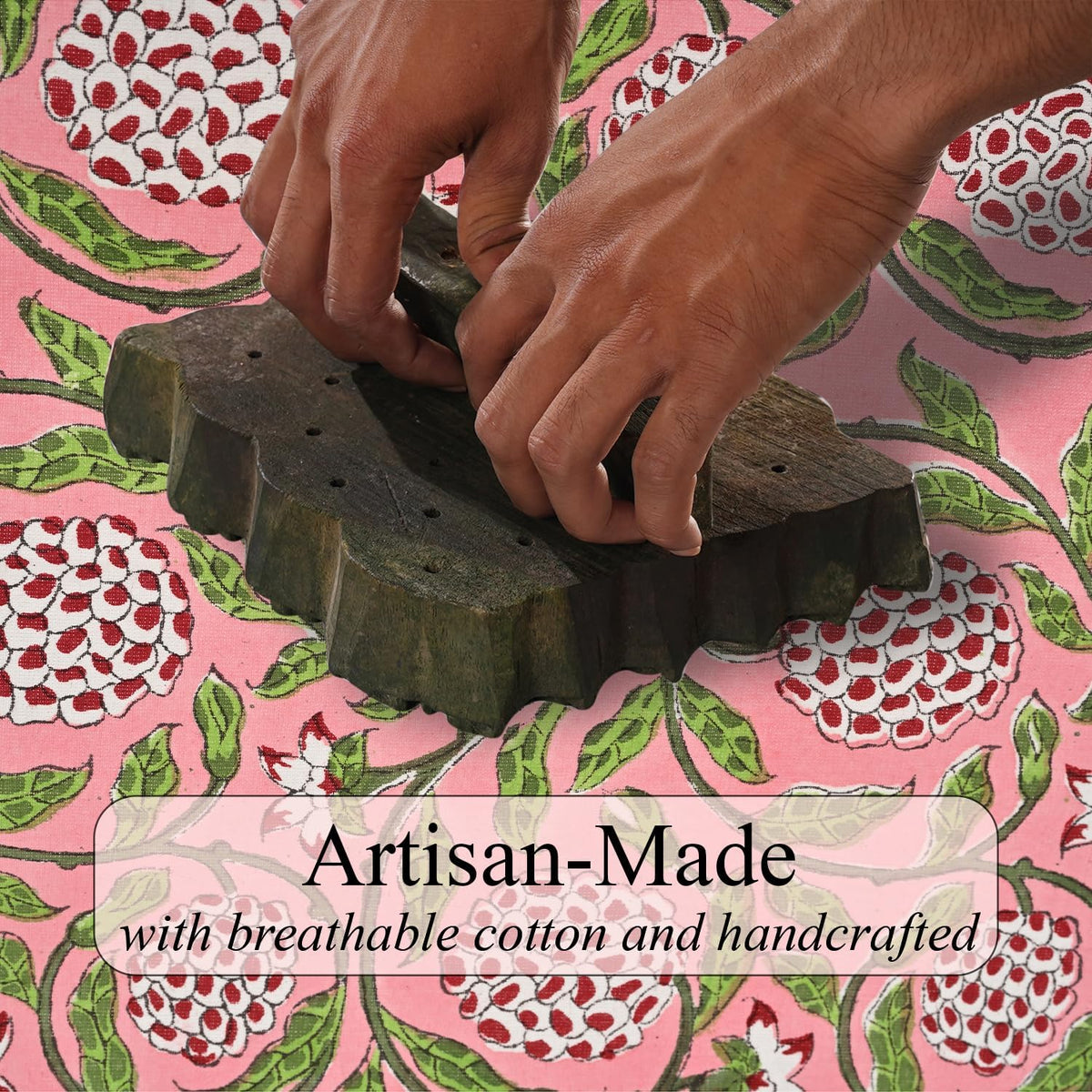 Strawberry Pink Hand Block Print Cotton Tablecloth 90 x 60 Inch