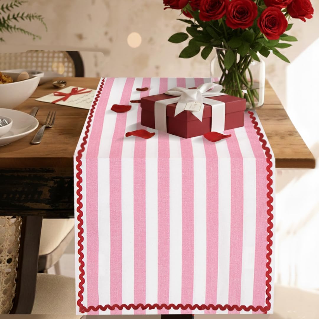 Table Runner 108 inches Long | 100% Cotton, Machine Washable Pink & White Farmhouse Table Runner for Dining Room Décor, Pride Decorations | Striped Table Runner for Dinner Party