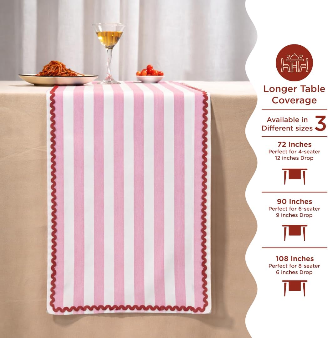 Table Runner 108 inches Long | 100% Cotton, Machine Washable Pink & White Farmhouse Table Runner for Dining Room Décor, Pride Decorations | Striped Table Runner for Dinner Party