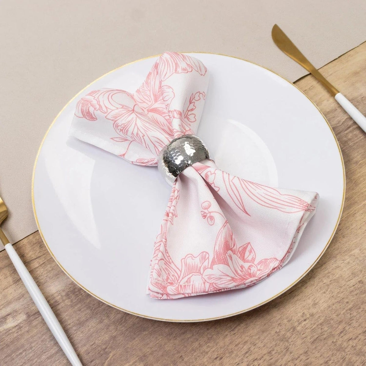 White Pink 17x17 in Floral French Toile Polyester Table Napkins, 5 Pieces for Wedding Party Reception Events Decorations Supplies