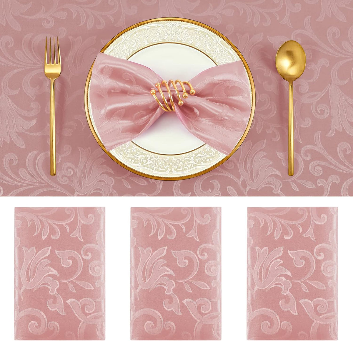 Horbaunal 4 Pack Damask Cloth Napkins 17 x 17 Inch, Jacquard Table Cloth Napkins Set of 4 Square Satin Napkins Fabric Dinner Napkins for Wedding Party Banquet, Rose Gold