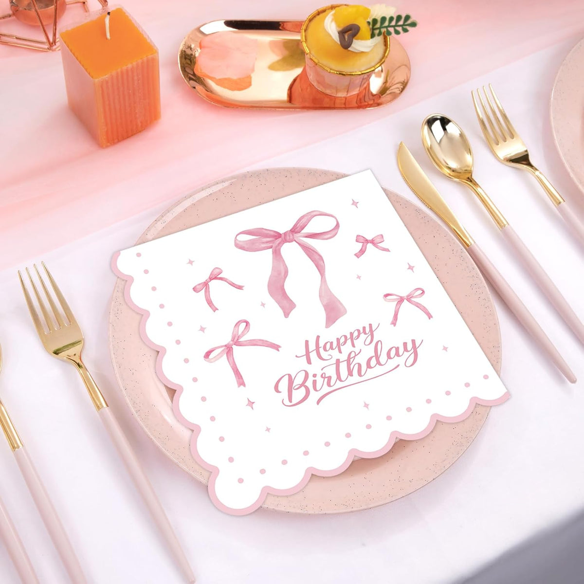 50 Pcs Pink Bow Napkins 13 x 13 Inches, Pink Birthday Paper Napkins Disposable Cocktail Napkins for Bridal Engagement Baby Shower Coquette Birthday Decorations