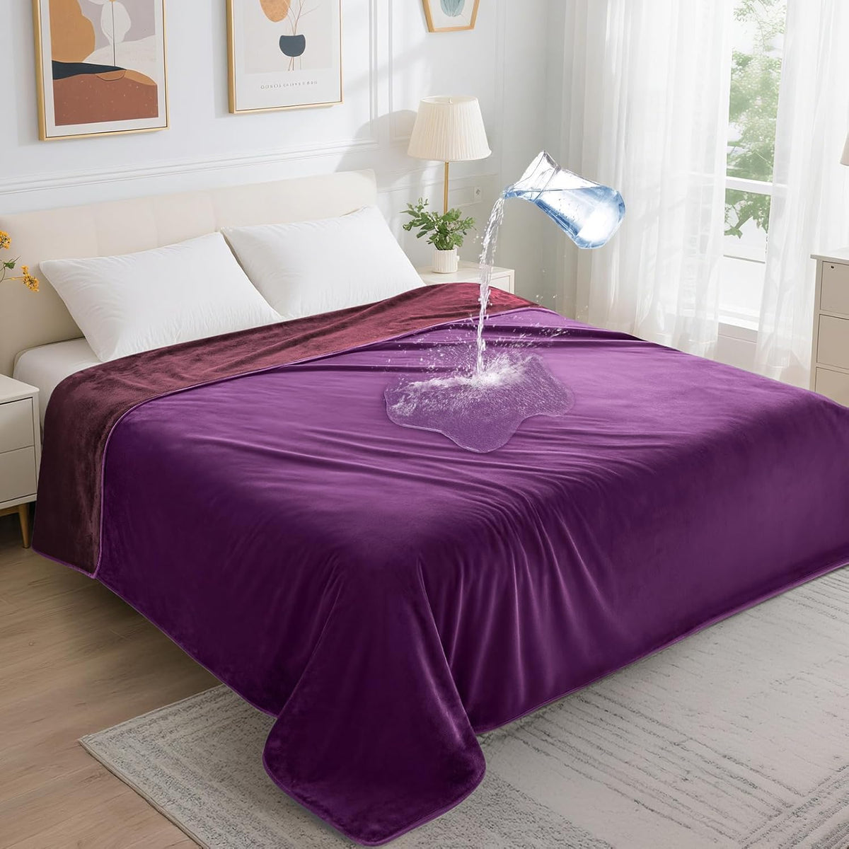 LOOBANI Waterproof Blanket for Bed: Reversible Soft Flannel Twin Bed Blanket 60" x 80", Leakproof Throw Spill-Proof Dog Pet Blanket for Couch, Sofa Protect, Movie Time, Camping, Travel, Purple
