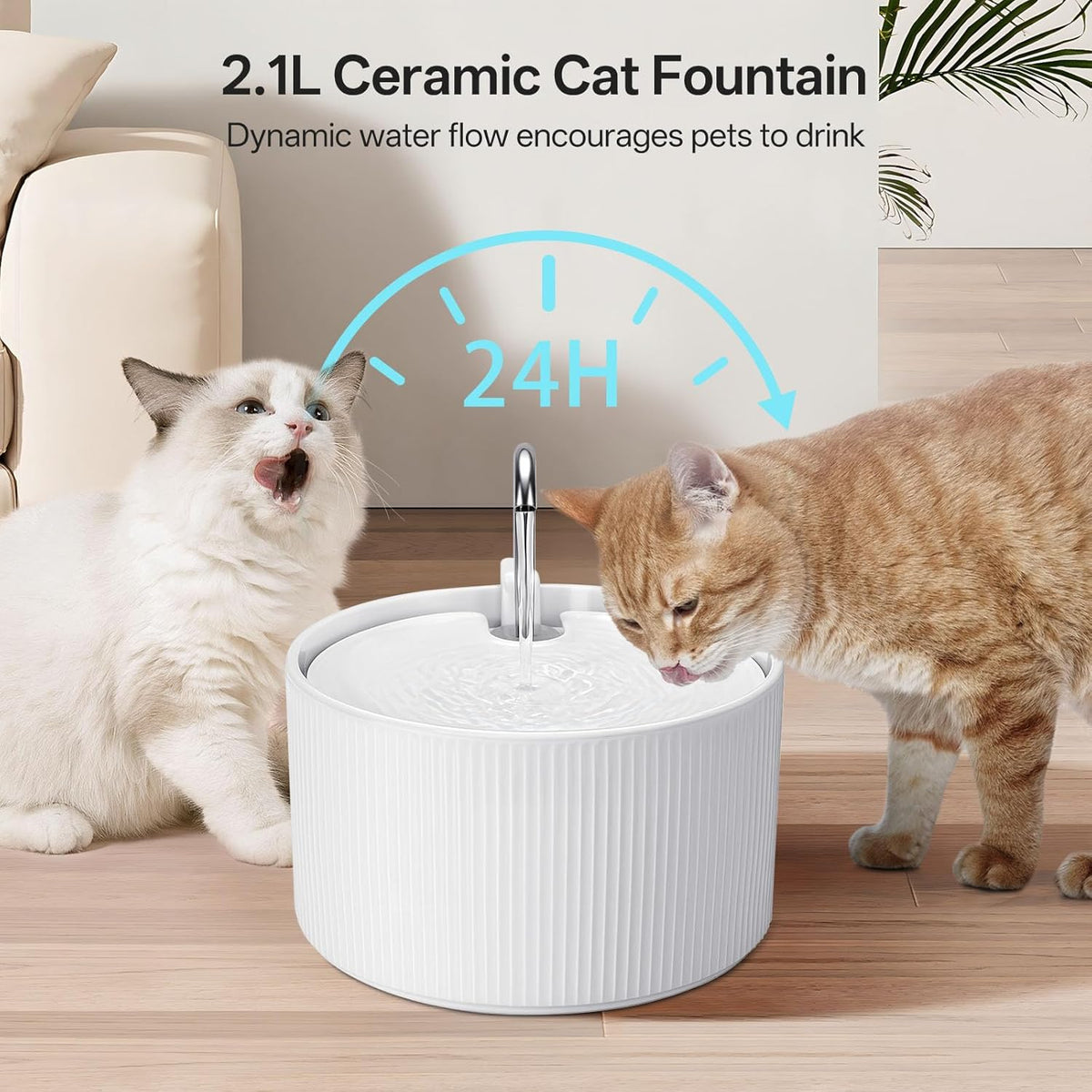 Upgrade Ceramic Cat Water Fountain, 2.2L/78oz Ceramic Cat Fountain, Automatic Ceramic Water Fountain for Cats, Pet Water Fountain with Ultra-Quiet Pump (White)