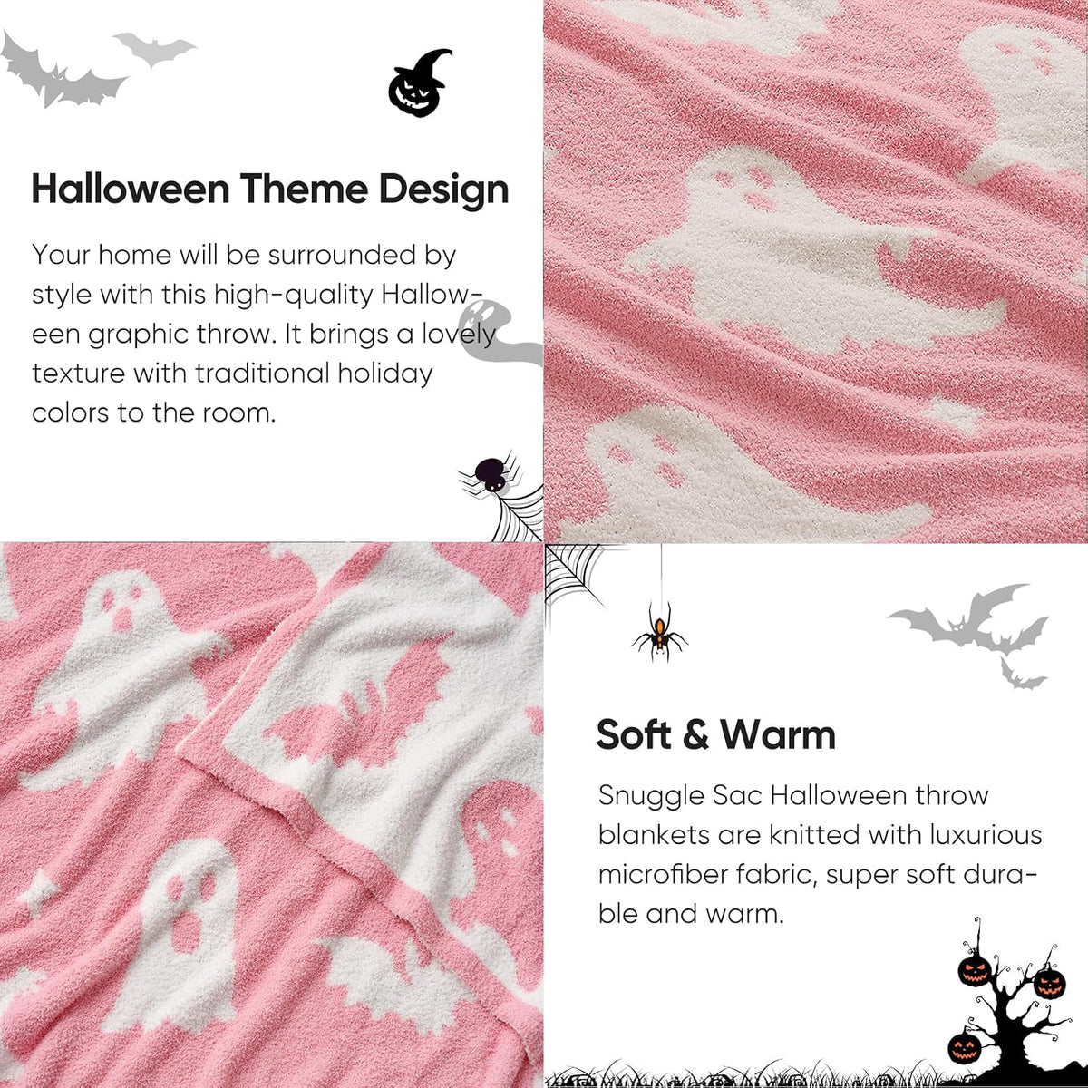 Halloween Throw Blanket Pink Ghost Blanket, Pink Bat Halloween Throw Blanket for Couch 50x60 inches, Ultra Soft Decorative Blanket