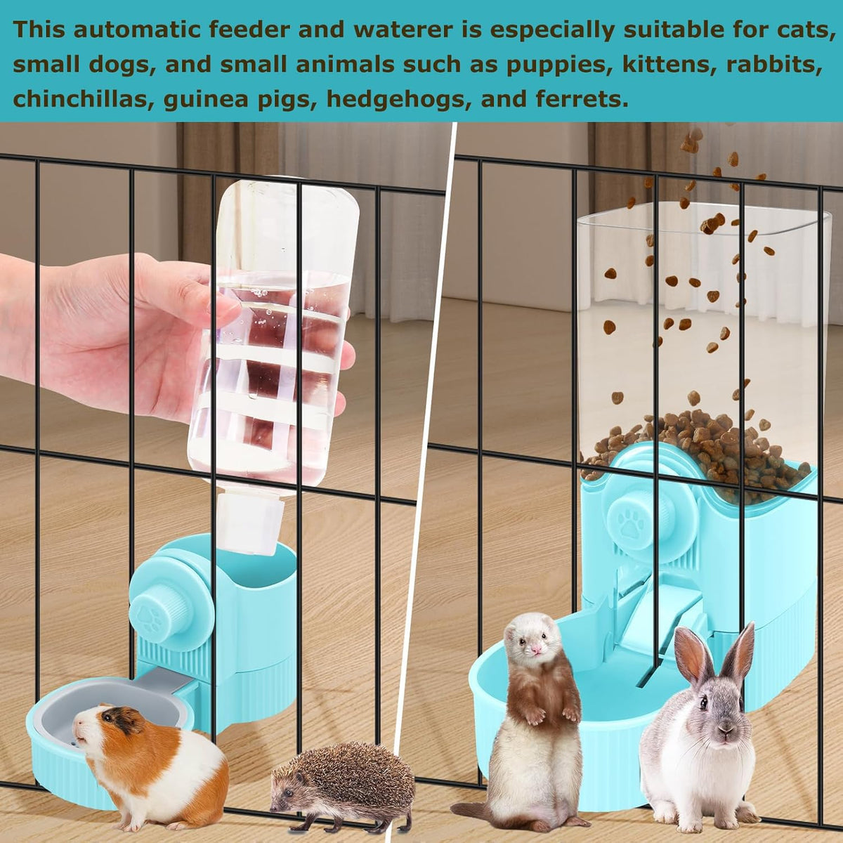 GPY Automatic Hanging Gravity Pet Feeder and Water Dispenser Set ，Automatic Rabbit Feeder and Dog Water Dispenser for Dogs Cats Pets Animals Large Capacity (Blue Water Feeder&Food Feeder) (Blue)