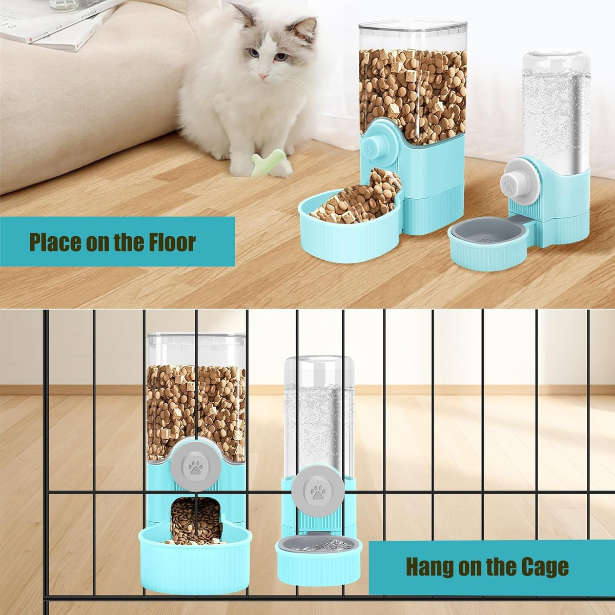 GPY Automatic Hanging Gravity Pet Feeder and Water Dispenser Set ，Automatic Rabbit Feeder and Dog Water Dispenser for Dogs Cats Pets Animals Large Capacity (Blue Water Feeder&Food Feeder) (Blue)
