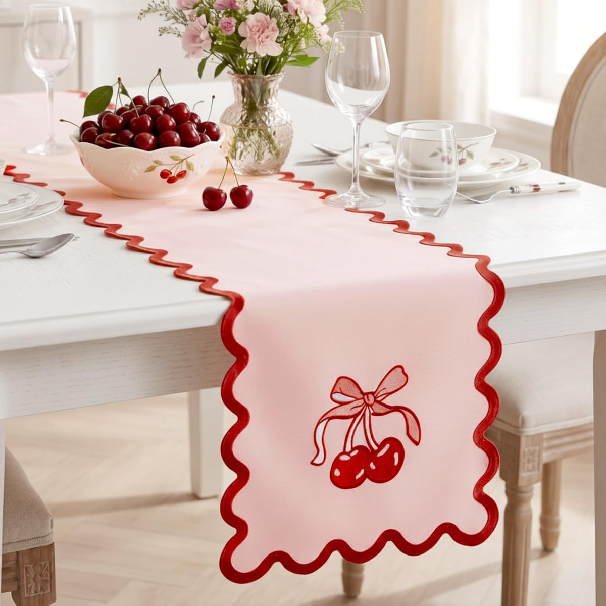 Pink Bow Cherry Table Runner 70 Inches, Coquette Scalloped Edge
