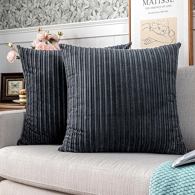 UGASA Velvet Soft Soild Decorative Pillow Covers Square Corduroy Pillowcases for Livingroom/Couch, 20"x20"(50x50cm), 2 Pcs, Dark Grey