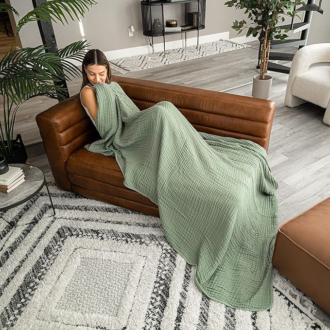 Comfy Cubs Adult Muslin Blanket 50x60” Throw Swaddle Blankets, Sage | 6 Layer Soft, Breathable & Lightweight Muslin Adult Blanket - Machine Washable & Designed in the US Bedding for All Seasons