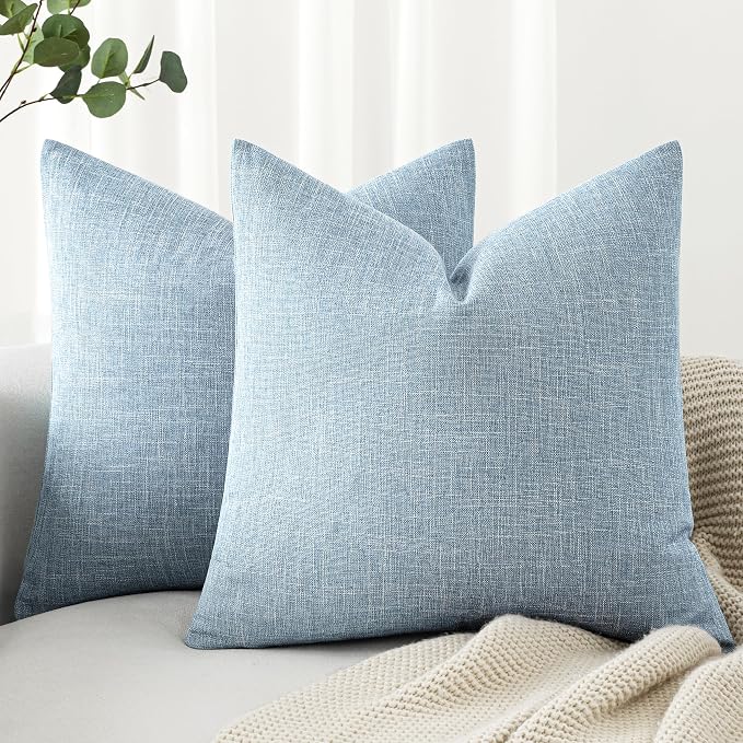 MIULEE Pack of 2 Linen Textured Pillow Covers, 16x16 Inch Light Blue | Decorative Burlap Pillowcases, Coastal Boho Farmhouse Accent Home Decor for Sofa Couch Bedroom Living Room