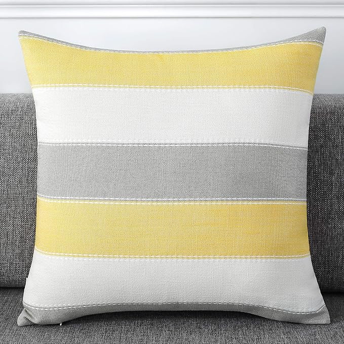 Pack of 2 Farmhouse Stripe Check Throw Pillow Covers Set Case Cotton Linen Decorative Pillowcases Cushion Cover for Couch Bench Sofa 24x24Inch Yellow Beige