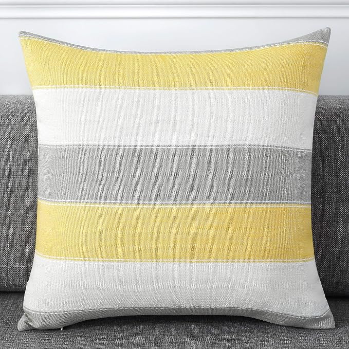 Pack of 2 Farmhouse Stripe Check Throw Pillow Covers Set Case Cotton Linen Decorative Pillowcases Cushion Cover for Couch Bench Sofa 22x22Inch Yellow Beige