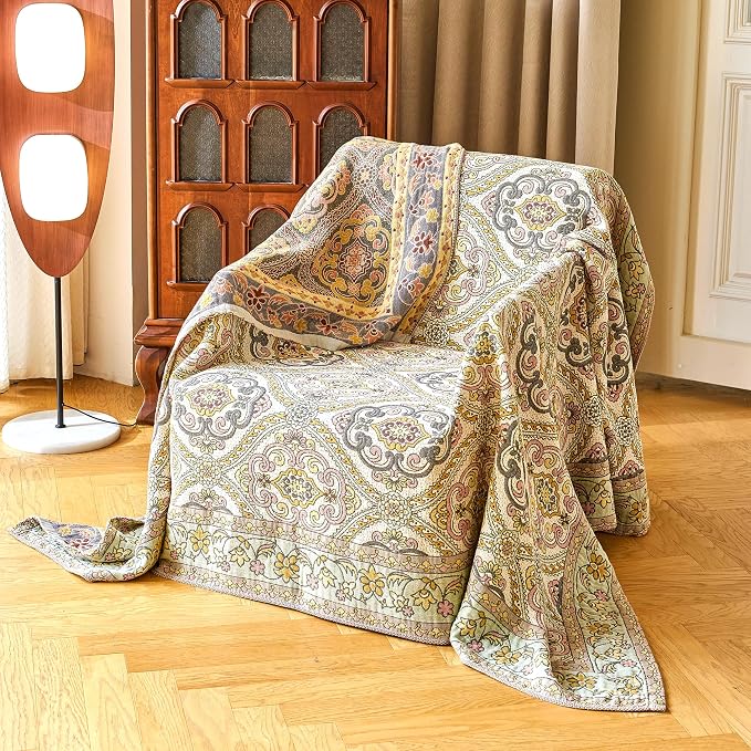 VANJOROY Boho Throw Blanket 60" x 80", 100% Organic Cotton Breathable Skin-Friendly Ultra Soft Bed Quilt Throw - Floral Rustic Decor Luxury Reversible Blanket for Sofa Couch Chair and Gift,