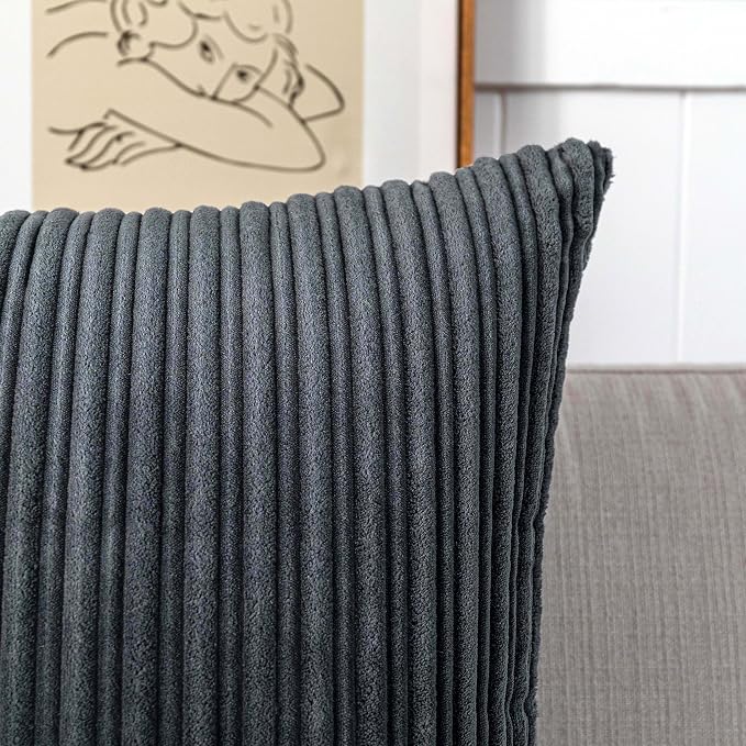 UGASA Corduroy Striped Soft Soild Decorative Square Throw Pillow Covers Set Cushion Cases Pillowcases for Sofa Bedroom, 2 Pcs, 24x24inch, Dark Grey