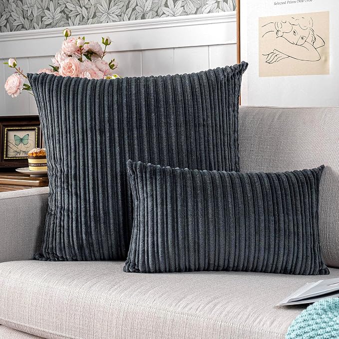 UGASA Velvet Pillow Covers Striped Decorative Throw Cushion Case with Hidden Zipper for Home Couch/Bedroom/Car, Soft Cozy Solid Oblong, 2 Pieces (12"x20", Dark Grey)