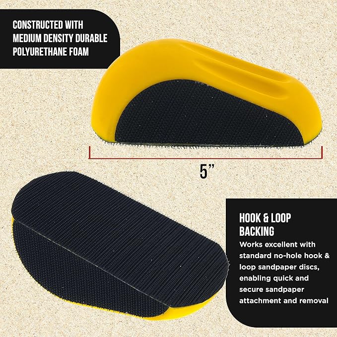 Dura-Gold Pro Series 5" Round & Mouse-Shaped Hand Sanding Block Pads for Hook & Loop and PSA 5" DA Sanding Discs - 2-Way Adapter Pad to Use PSA Sandpaper - Automotive Sand Polish Woodworking Furniture
