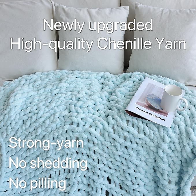 Maetoow Chenille Chunky Knit Blanket,Handmade Cozy for Home Decor,50×60, Baby Blue