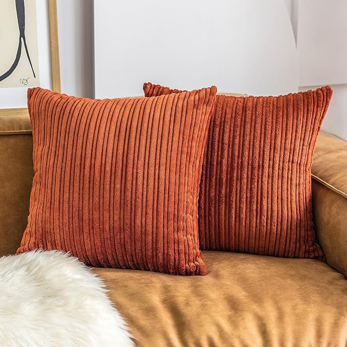 UGASA Fall Decor Super Soft Striped Corduroy Pillow Covers Large Throw Pillow Sham Cushion Cover Living Room, 1 Pc, 24" x 24" (Pack of 1) (61cm), Burnt Brick