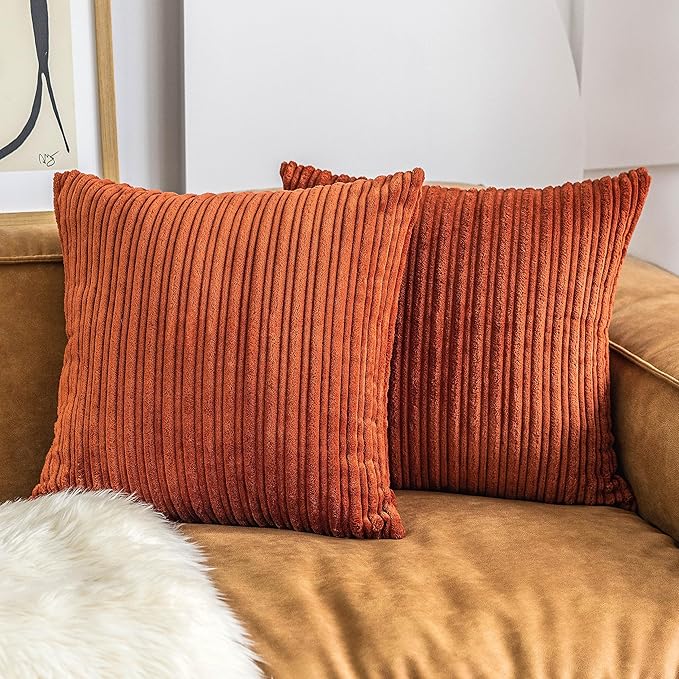 UGASA Fall Super Soft Decor Striped Corduroy Large Throw Pillow Covers Sham Cushion Case Living Room, 2 Packs, 24" x 24" (61cm), Burnt Brick