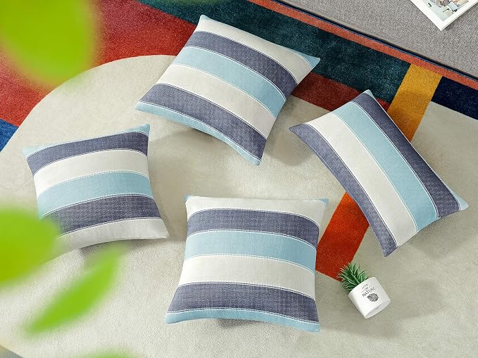 Pack of 2 Farmhouse Stripe Check Throw Pillow Covers Set Case Cotton Linen Decorative Pillowcases Cushion Cover for Couch Bench Sofa 24x24Inch Blue Beige