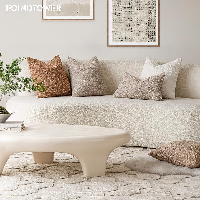 Foindtower Pack of 2 Textured Boucle Throw Pillow Covers Accent Solid Pillow Cases Cozy Soft Decorative Couch Cushion Case for Chair Sofa Bedroom Living Room Home Decor, 18 x 18 Inch,Oatmeal