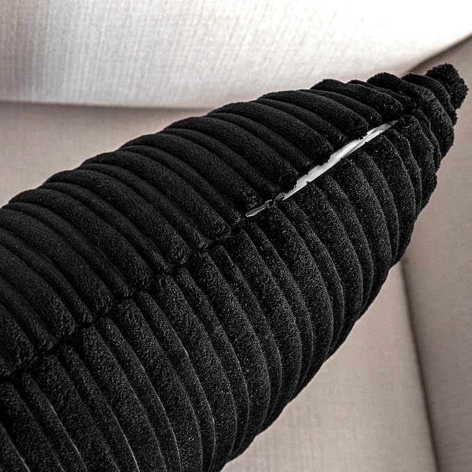 UGASA Velvet Lumbar Throw Pillow Cover, Both Sides Corduroy Striped Soft Solid Decorative Rectangular Cushion Case for Couch/Bedroom/Car, 1 Pack, 12x20 Inch, Black