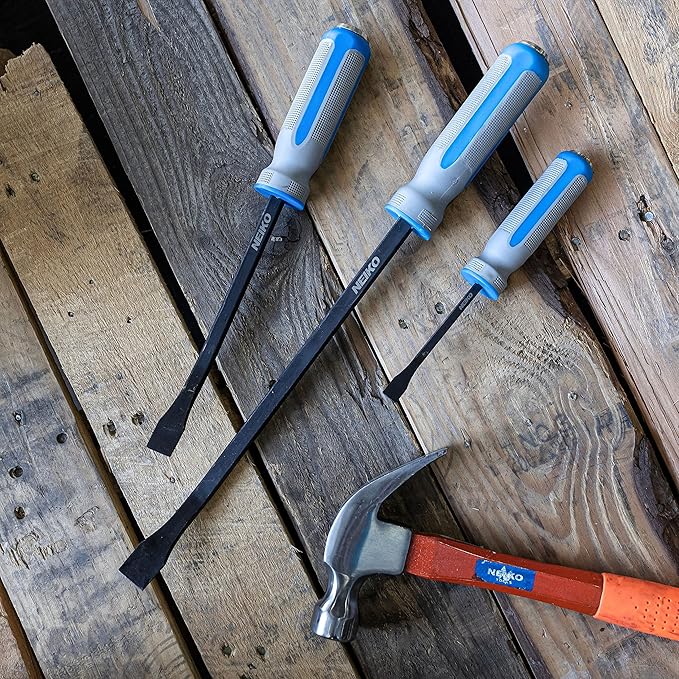 NEIKO 00251A Pry Bar, 3 Piece Angled Tip Pry Bar Set, 8", 12" & 17.5" Crow Bar with Go Through Striking Cap, Textured TPR Breaker Bar Handles, Heavy Duty Black Oxide Coated Chromium Steel Small PryBar