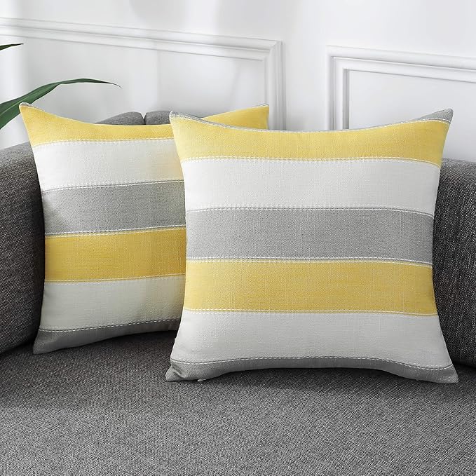 Pack of 2 Farmhouse Stripe Check Throw Pillow Covers Set Case Cotton Linen Decorative Pillowcases Cushion Cover for Couch Bench Sofa 20x20Inch Yellow Beige