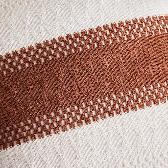 2pk Boho Pillow Covers 22x22, Natural White/Contrast/Terracota | 100% Organic Cotton Body, Stripe Embroidery, Farmhouse Decorative Cushion Covers for Sofa Bed Living Room Home Decor