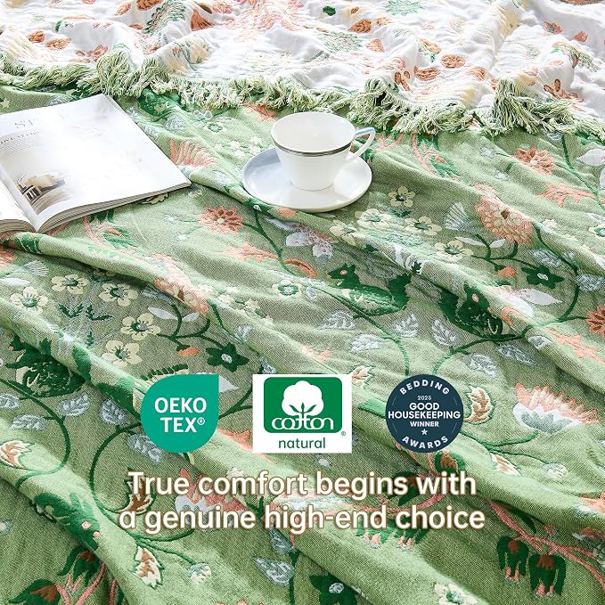 VANJOROY Boho Throw Blanket, 100% Organic Cotton Breathable Skin-Friendly Ultra Soft 60" x 80" Bed Quilt Green Throw - Floral Rustic Decor Luxury Reversible Blanket for Sofa Couch Chair and Gift,