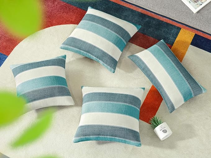 Pack of 2 Farmhouse Stripe Check Throw Pillow Covers Set Case Cotton Linen Decorative Pillowcases Cushion Cover for Couch Bench Sofa 16x16Inch Teal Blue