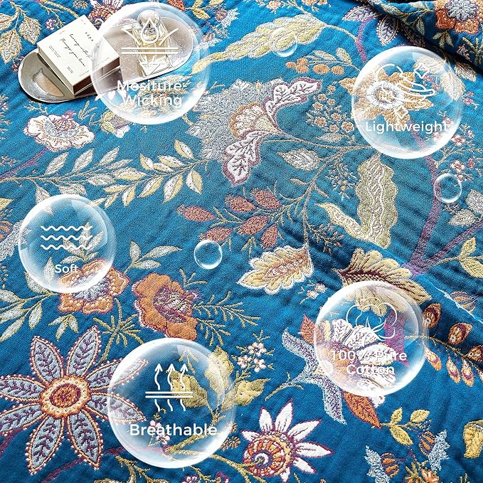 LUTBM Boho Throw Blanket for Bed 60"x80", All Season Cotton Couch Blankets | Blue Reversible Floral Jacquard, Muslin Gauze Twin Quilt, For Chair Sofa Bedroom Living Room Decor, Lightweight & Breathable