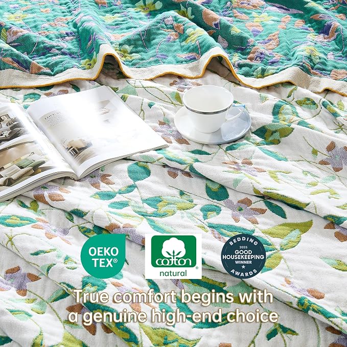 VANJOROY Boho Throw Blanket, 100% Organic Cotton Breathable Skin-Friendly Ultra Soft 80" x 90" Bed Quilt Throw - Floral Rustic Decor Luxury Reversible Blanket for Sofa Couch Chair and Gift,