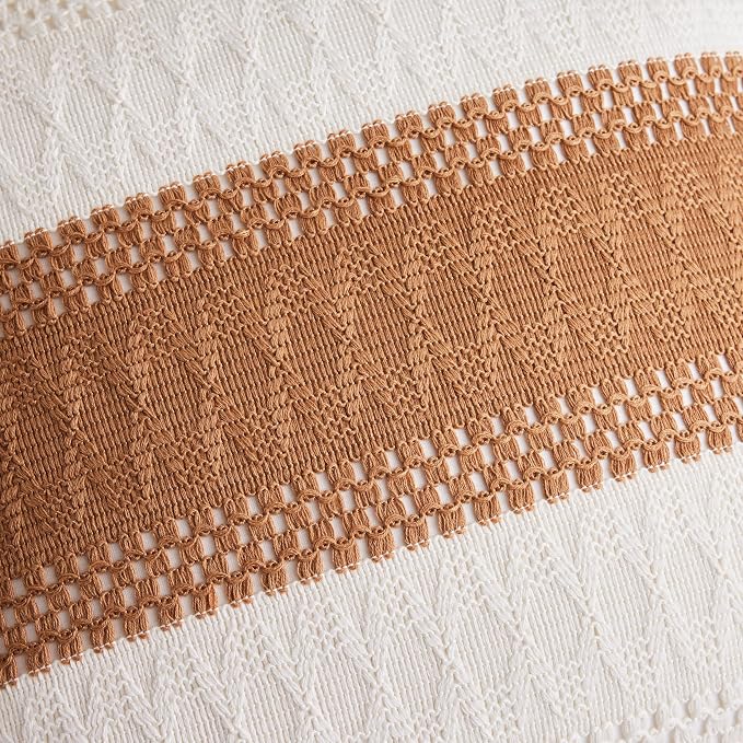 2pk Boho Pillow Covers 18x18, Natural White/Contrast/Caramel | 100% Organic Cotton Body, Stripe Embroidery, Farmhouse Decorative Cushion Covers for Sofa Bed Living Room Home Decor