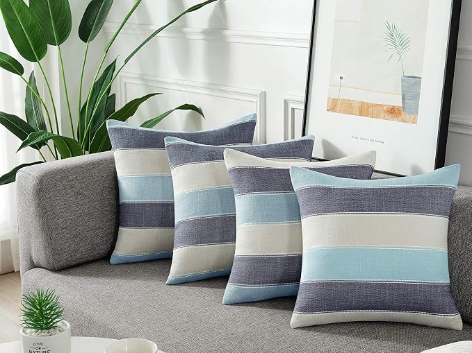 Pack of 2 Farmhouse Stripe Check Throw Pillow Covers Set Case Cotton Linen Decorative Pillowcases Cushion Cover for Couch Bench Sofa 16x16Inch Blue Beige