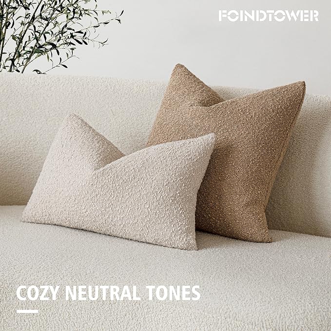 Foindtower Pack of 2 Textured Boucle Throw Pillow Covers Accent Solid Lumbar Pillow Cases Cozy Soft Decorative Couch Cushion Case for Chair Sofa Bedroom Living Room Home Decor, 12 x 20 Inch,Beige
