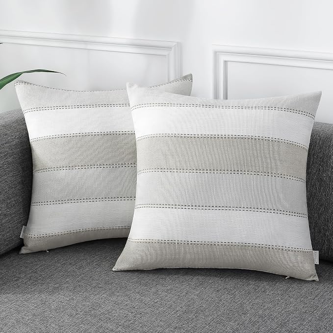 Pack of 2 Farmhouse Stripe Check Throw Pillow Covers Set Case Cotton Linen Decorative Pillowcases Cushion Cover for Couch Bench Sofa 26x26Inch Light Grey Beige