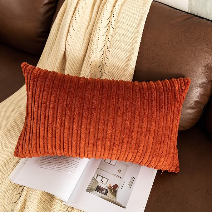 UGASA 14x20 Inch Pillow Cover Pack of 1 Soft Boho Stripe Corduroy Long Rectangle Lumbar Cushion Case Farmhouse Decorative Throw Pilowcase for Bed, Couch, Sofa, Bedroom, Living Room, Burnt Brick